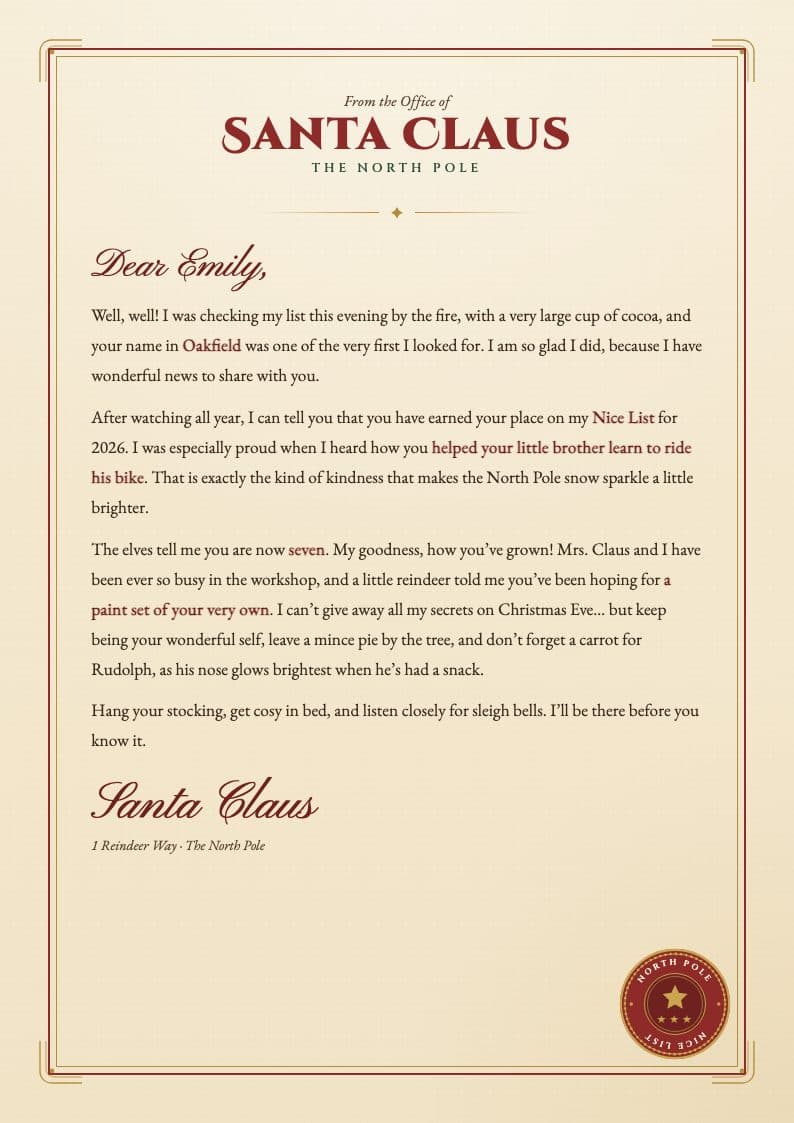 A personalised letter from Santa from the Santa Letter Studio kit