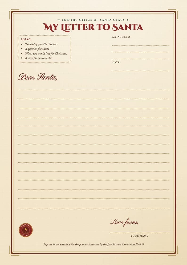 Free lined letter to Santa template for older children, with space for their address, the date and a full letter